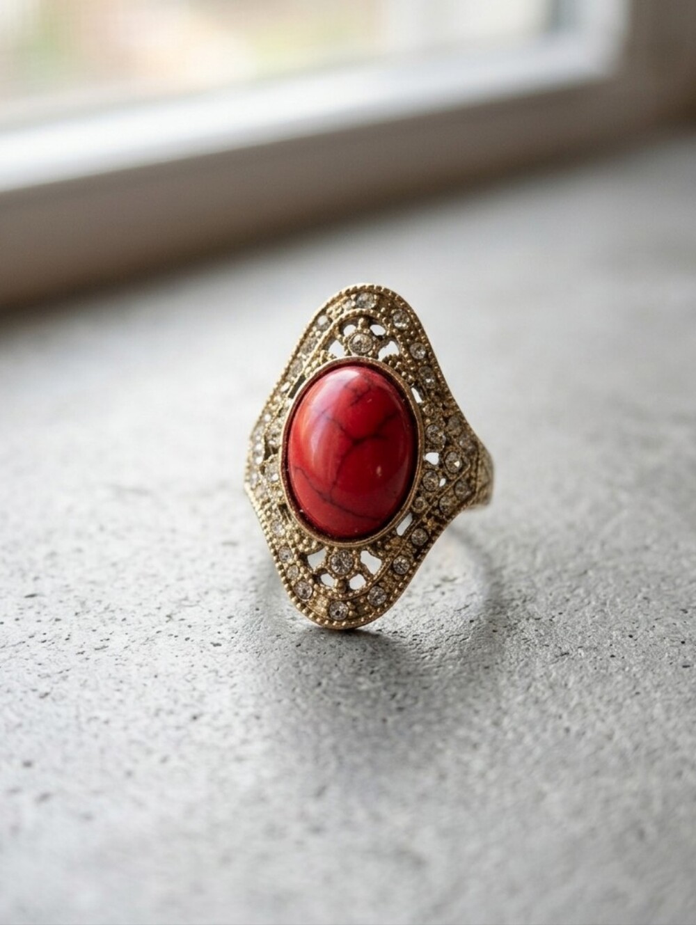 Vintage Gold Tone Filigree Statement Ring with Red Faux Turquoise Cabochon